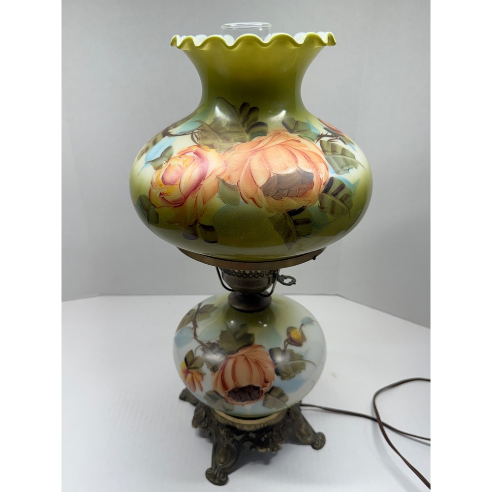 Vintage Gone with the Wind Hurricane Lamp Hand Painted Floral Green Orange Rose - Picture 1 of 8